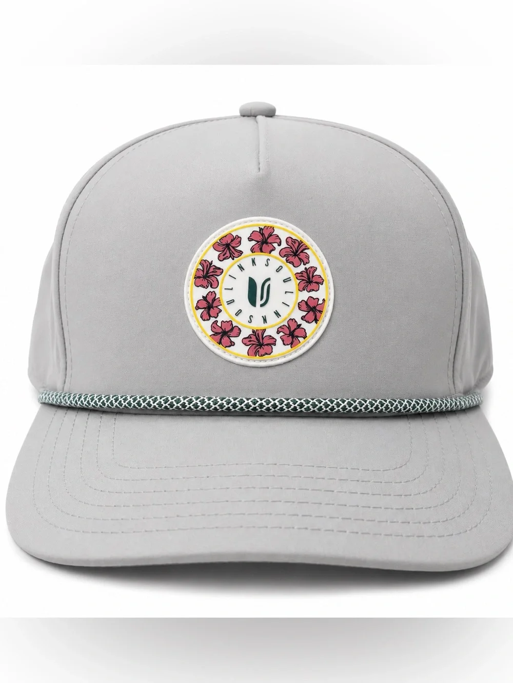 NEW Linksoul Gray 5 Panel Rope Trucker Hat Baseball Hat Pink Patch Snap Back